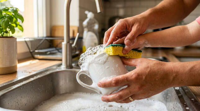 Family Washing Dishes Together, Father Teaching Child Kitchen Chores