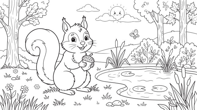 Happy squirrel holding an acorn by a pond with water lilies and reeds, sunny forest landscape, black and white line for children coloring book page, on white also transparent background