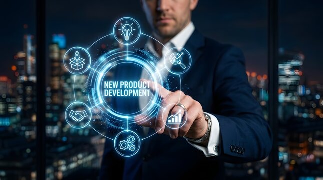 New product development text on glowing virtual screen interface being touched by business analyst.