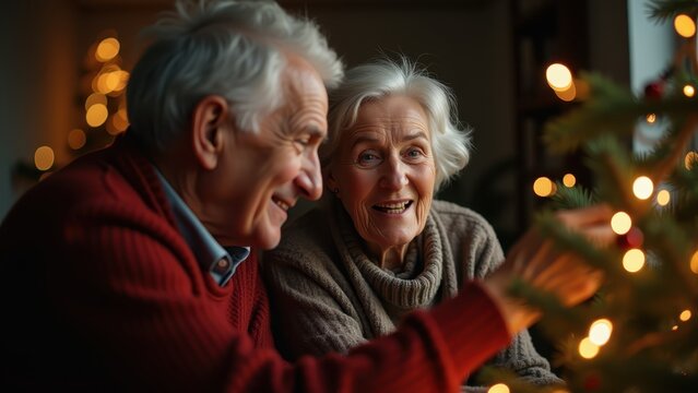 Photorealistic elderly couple quietly decorating a Christmas tree together, warm intimate home, natural smiles