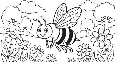 Fototapeta premium A happy cartoon bee flying in a sunny flower meadow, black and white line coloring page for kids, featuring simple outlines of flowers, trees, and fluffy clouds in a also transparent background