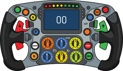 Fototapeta premium Formula 1 racing car steering wheel vector illustration featuring a detailed modern motorsport cockpit wheel with buttons dials and a digital dashboard screen isolated on white background