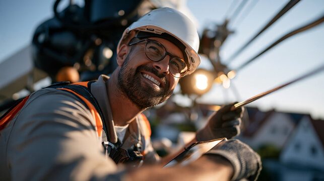 cropped aerial view of a utility worker inspecting overhead power lines from an elevated cherry picker, face out of frame, high-visibility vest, bright clear sky, residential rooft