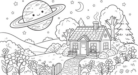 Coloring page of a cozy cottage house in a garden with flowers, trees, and the planet saturn with a smiling face in the starry night sky for children to color and enjoy at also transparent background © PixelSaga MH2 