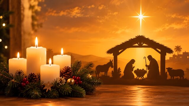Advent candles and nativity scene under star