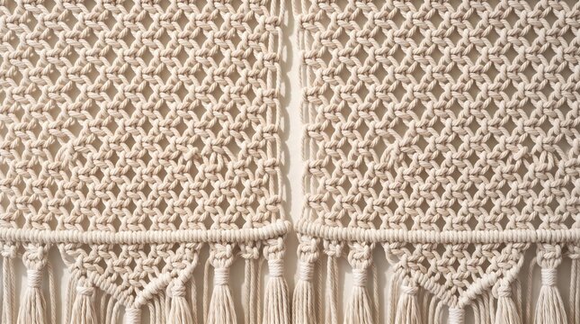 Bohemian macrame wall hanging, cream cotton rope textile art, handmade woven tapestry with fringe and geometric knots
