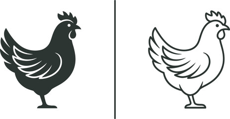 Fototapeta premium Black and white chicken icons showing a solid silhouette and an outline drawing of a hen side by side