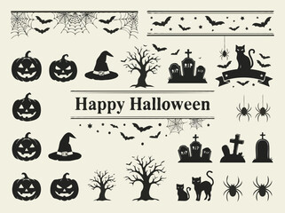Fototapeta premium Vintage Halloween Graphic Elements Set with Silhouettes and Web Borders