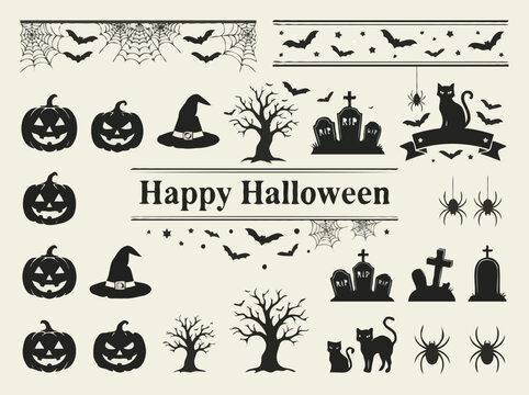 Vintage Halloween Graphic Elements Set with Silhouettes and Web Borders