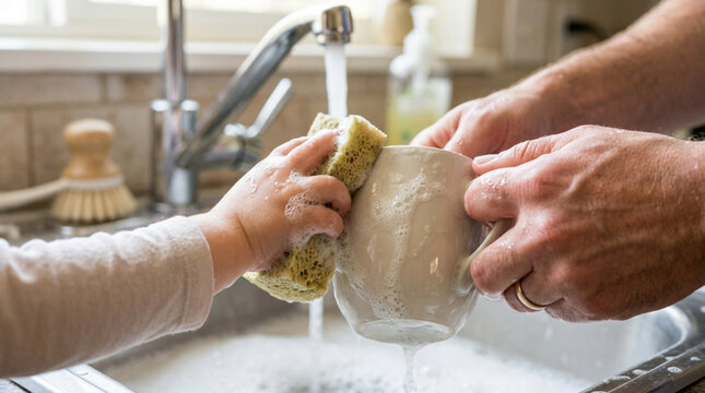 Father and child washing dishes together in a kitchen sink, teaching hygiene