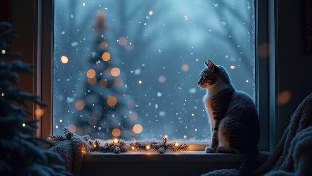 Photorealistic cat sitting on a windowsill watching snowfall outside, small Christmas lights reflected in glass