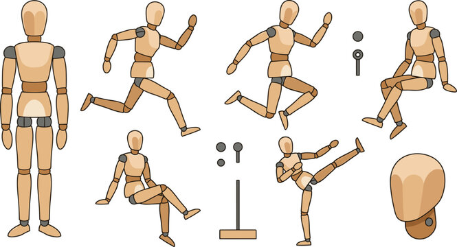 Artist wooden mannequin vector set featuring articulated anatomical doll figures in running sitting jumping and kicking poses,