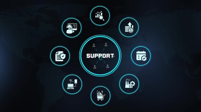 Customer support infographic with service, commerce, finance, security and connected workflow icons