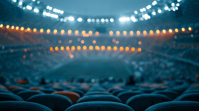 Blurred stadium interior features glowing orange arena lights and teal seating rows for sports event backdrop.