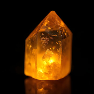 Citrine crystal glowing macro shot on black background