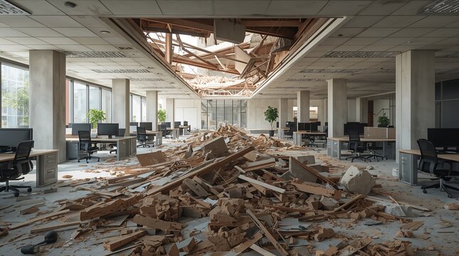 Destroyed office with drop ceiling frame and wooden debris