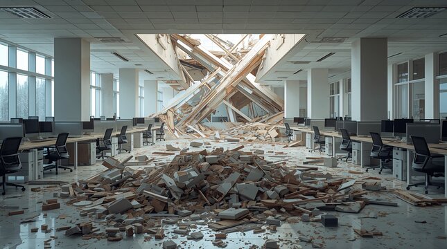 Destroyed office with crossed wooden beams and ceiling gap