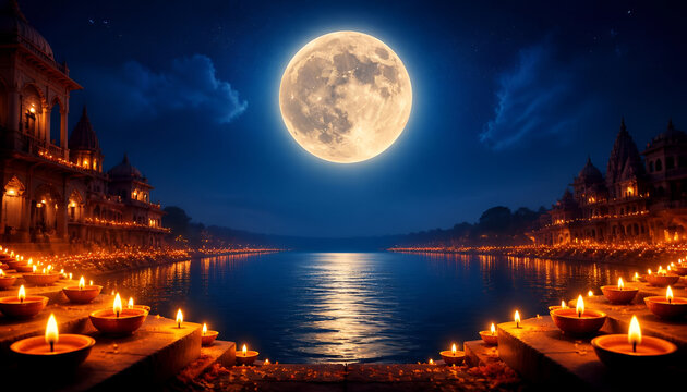 Full moon rising over the ganges river at night with ceremonial oil lamps glowing along the ghats ceremonial lights night sky lunar glow