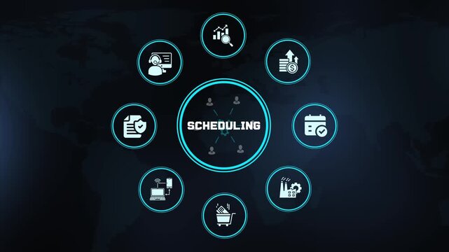 Business scheduling infographic with calendar, support, finance and connected workflow icons