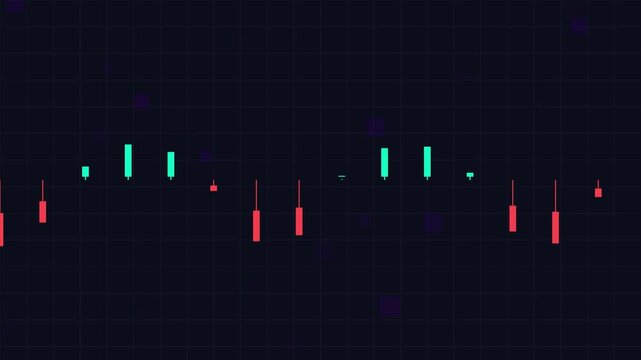Animated financial chart with green and red candlestick bars moving on a dark grid background