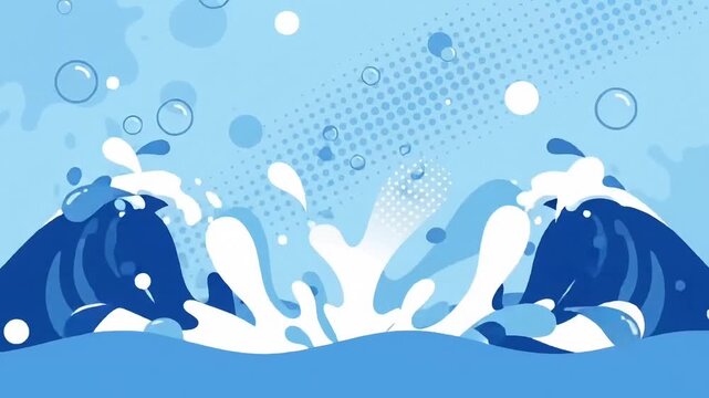 Stylized Blue Water Splash Background with Halftone Patterns and Cartoon Animation Style