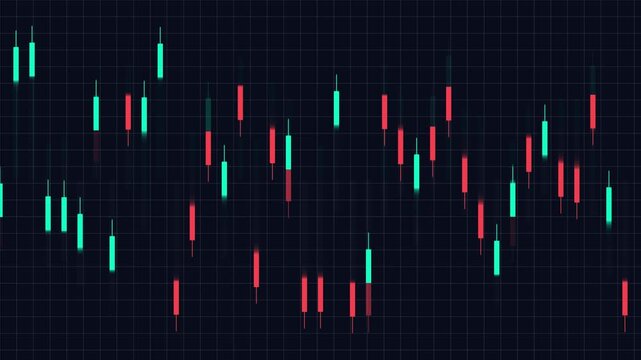 Stock market candlestick charts with green and red trading bars fluctuating on dark grid background