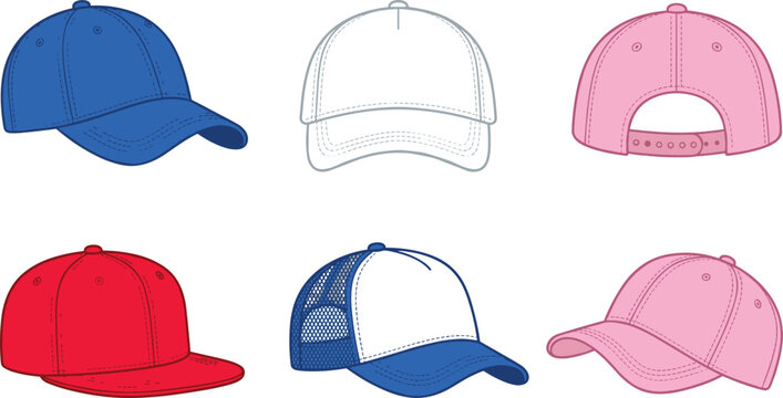 Blank baseball cap vector template mockups set featuring trucker hat flat brim and back view on white background.