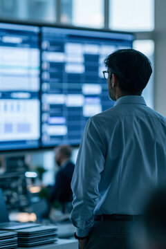 Rear view of a confident IT project manager standing in a bright office watching a wall screen as a digital sprint task board dynamically rebuilds itself with team member names and