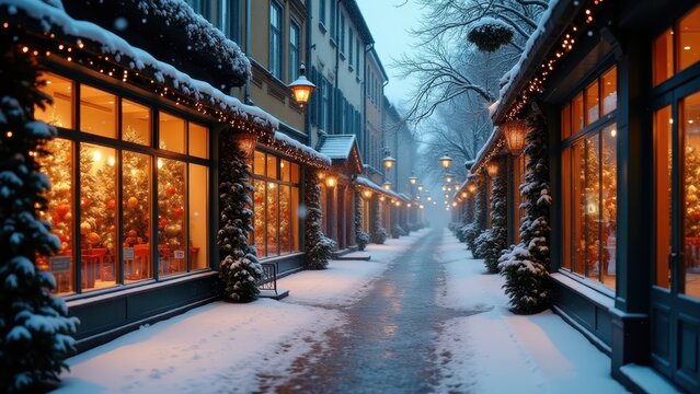 Photorealistic quiet European city street on Christmas morning, light snowfall, warm shop windows, subtle festive decorations