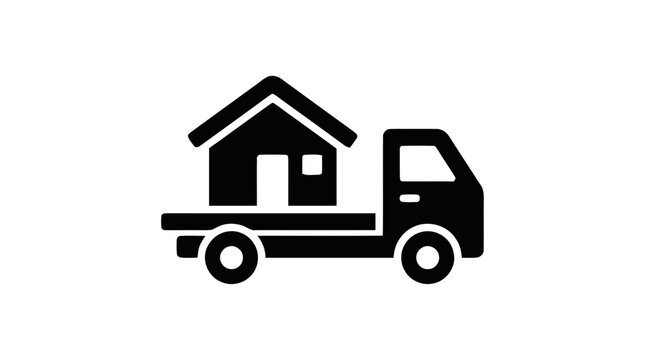 Vector illustration of house on a flatbed truck icon on a transparent background