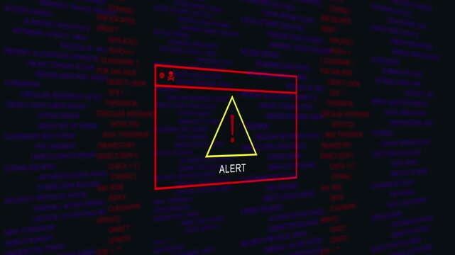 Cybersecurity alert warning screen with red skull and system error code background, for digital data, breach, network hacking, attempt, software malware, infection, and critical