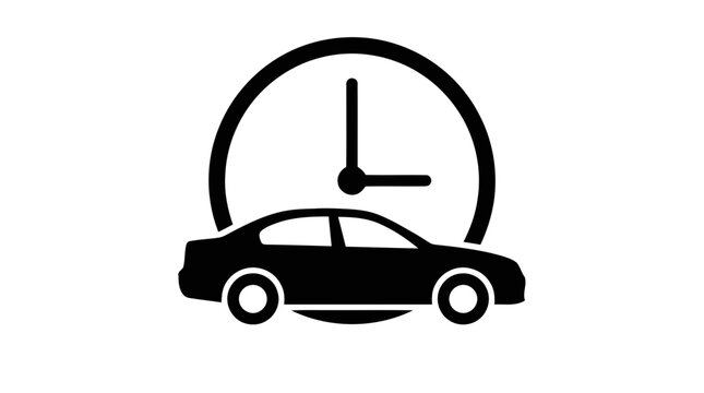 Vector illustration of car with clock icon representing travel time or scheduled maintenance on a transparent background