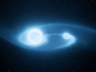 Close binary star system. Two stars exchange matter. The celestial bodies orbit a common center of mass. © Nazarii