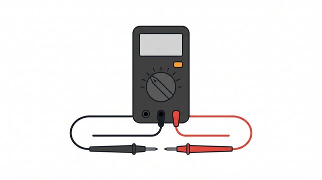 Digital multimeter with red and black test probes measuring electrical current in industrial setting