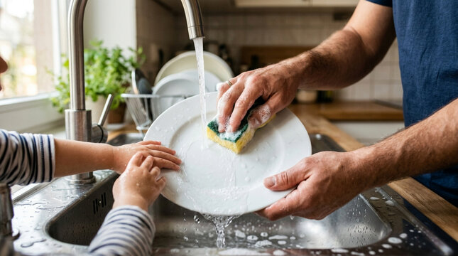 Father and Child Washing Dishes Together