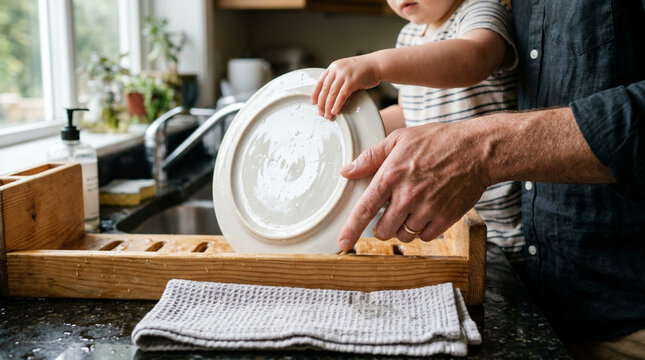 Father and Child Washing Dishes Together