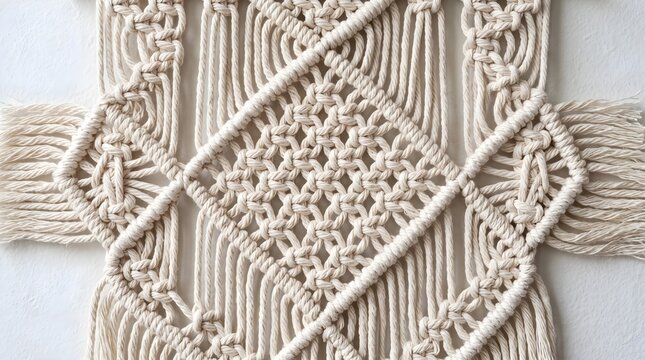 Bohemian macrame wall hanging with intricate knot patterns, cream cotton rope textile art, handmade boho home decor tapestry isolated on White Background