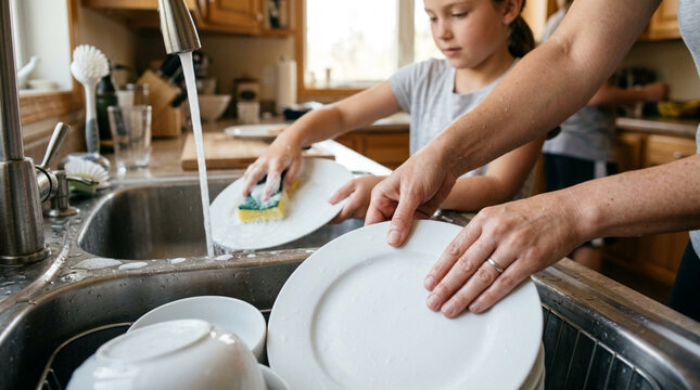 Father and daughter washing dishes together in kitchen, close-up on hands