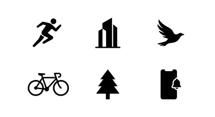 Fototapeta premium Modern Icon Set: Running Man, Building, Bird, Bicycle, Tree, Notification Bell