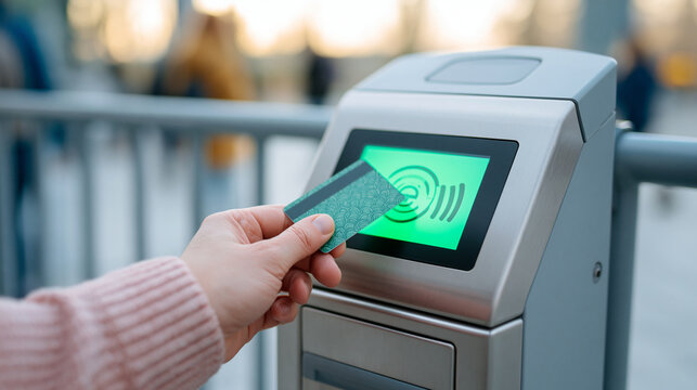 Close up of hand tapping contactless payment card on electronic ticket reader for urban public transportation commute access.