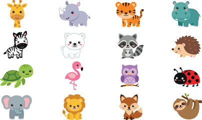 Obraz premium Cute cartoon baby wild animals collection vector illustration set featuring giraffe rhino tiger hippo zebra polar bear raccoon hedgehog turtle flamingo owl ladybug elephant lion fox sloth