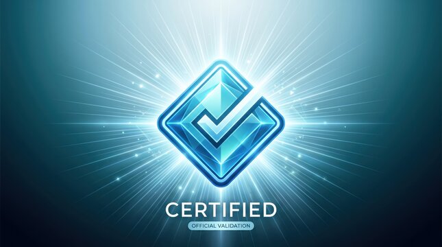 Glowing blue diamond certification badge with checkmark symbol, radiating light beams on dark background, representing official validation, security, trust, and quality assurance concept for business