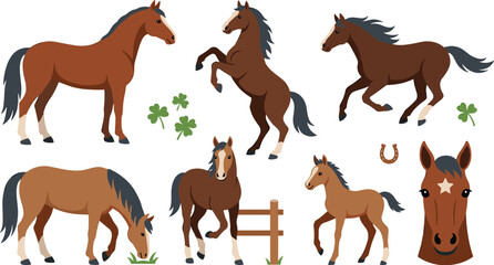 Obraz premium Cute cartoon horse character set featuring brown horses running jumping grazing standing foal isolated on white background vector