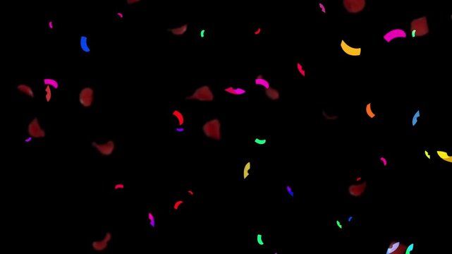 Falling colorful confetti pieces against a dark background for celebration with camera remains static while confetti drifts downward moderate speed