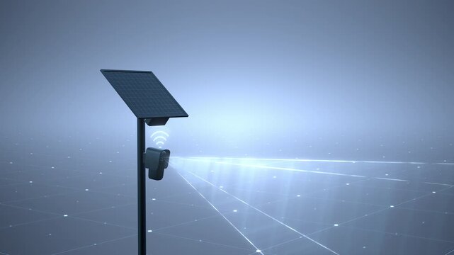 A digital artifical intelligence security camera on a pole features a solar panel, a wireless signal icon, and a light cone frustum scanning a grid floor, ideal for a tech presentation backdrop.