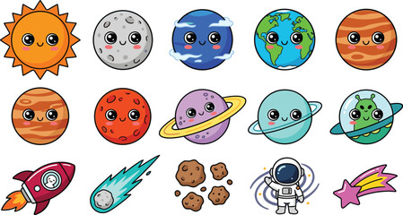 Cute cartoon solar system space vector illustration sticker pack set featuring sun planets earth saturn astronaut rocket ship alien ufo comet © MstJoynobAkhtar
