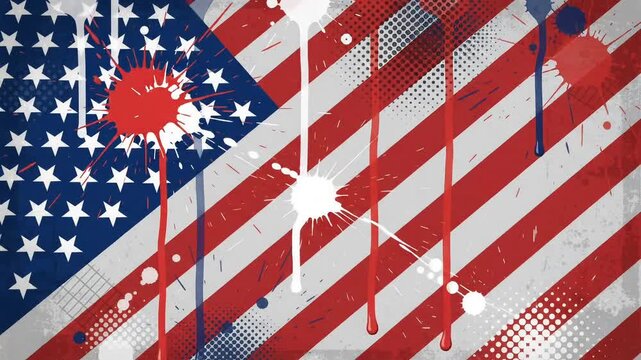 Stylized Grunge American Flag Background with Paint Splatters and Urban Texture for Patriotic USA Themes