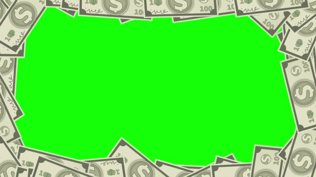 Animated green screen with falling dollar bills money background financial template for video projects