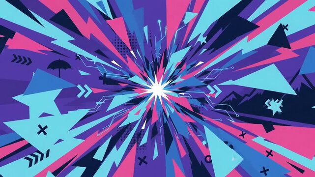 Abstract Colorful Explosion of Geometric Shards and Pop Art Elements in Motion
