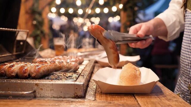 Vendor serving grilled bratwurst sausage with roll in paper tray